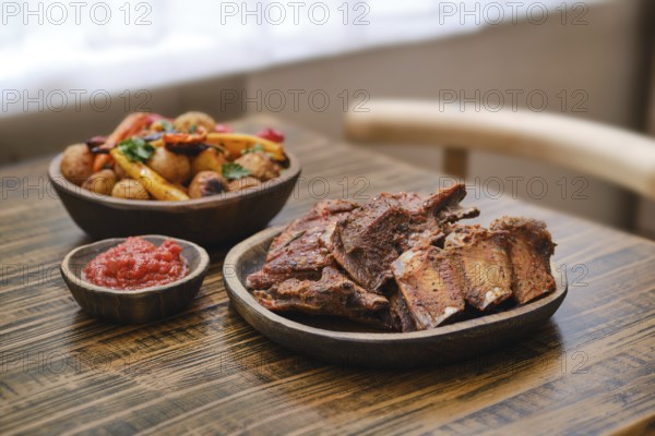 Tender roasted short beef ribs on a wooden table alongside a bowl of colorful roasted vegetables