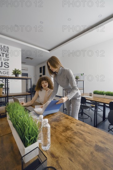 Two women engage in a productive discussion about a project in a contemporary office space