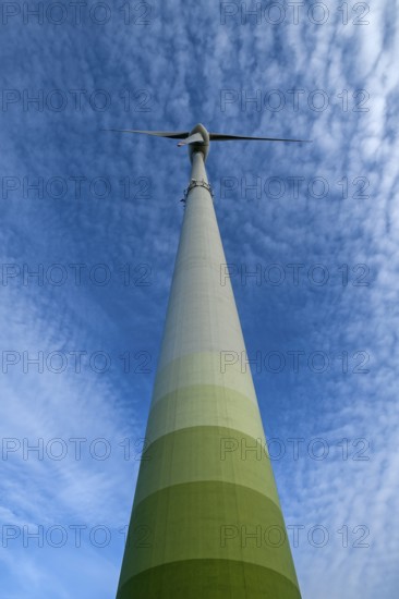 Wind turbine with small fleecy clouds (cirrocumulus) in the sky, Karsberg, Upper Franconia,