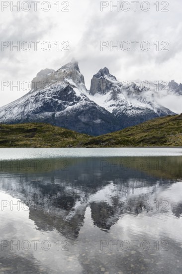 Cuernos del Paine mountain range, reflection in Lago Nordenskjöld, Torres del Paine National Park,