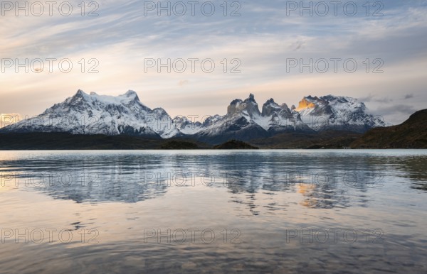 Cuernos del Paine mountain range at sunset, reflection in Lago Pehoe, Torres del Paine National