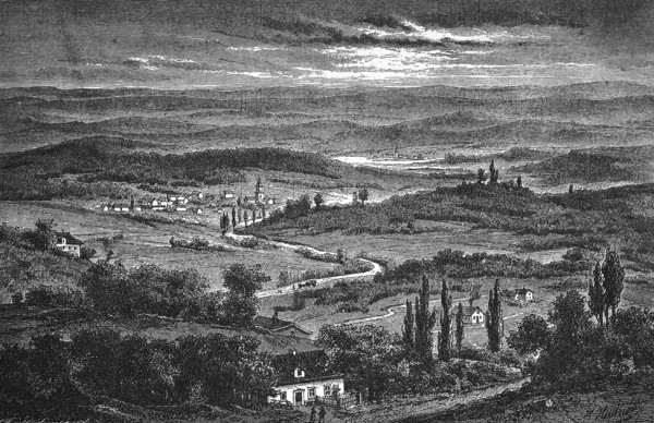 Hilly landscape near Arnstadt, forest, sandy road with horse-drawn carriage, village with church,