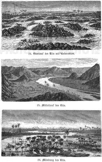 The Nile, river landscape upper course with cataracts, middle course through oases, mountain
