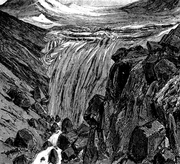 Rhine spring originates from an Alpine glacier, rocky mountain landscape, glacier melt, glacier