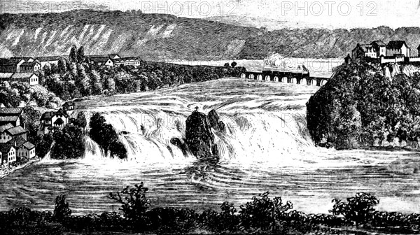 Rhine Falls near Schaffhausen, cascades, border area, bridge, rocky islands, mountain landscape,