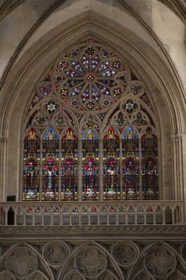 Interior view, stained glass window, coloured church windows, Cathédrale Notre-Dame de Bayeux,