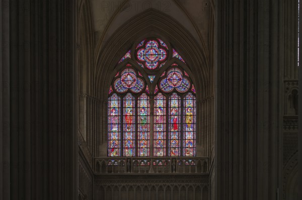Interior view, stained glass window, coloured church windows, Cathédrale Notre-Dame de Bayeux,