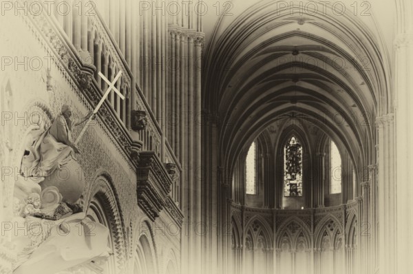 Interior shot, angel on pulpit, holding a shining sword, Cathédrale Notre-Dame de Bayeux, black and