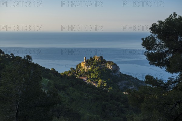 Picturesque mountain village above the sea, sunrise, Èze, Cote d'Azur, Alpes-Maritimes,