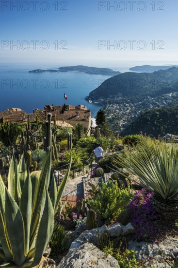 Picturesque mountain village overlooking the sea, Jardin Exotique, Èze, Cote d'Azur,