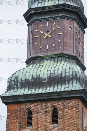 Church tower with clock, St Laurentius Church, town church, market, old town, Tönning, North