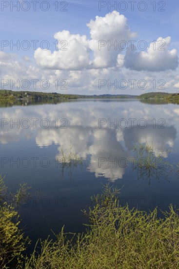 View over the Möhnesee, blue cloudy sky, reflection on the water surface, Möhnetalsperre, North