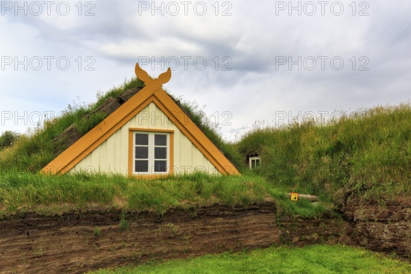 Grass sod house, green roof, peat farm or peat museum Glaumbaer or Glaumbær, open-air museum,