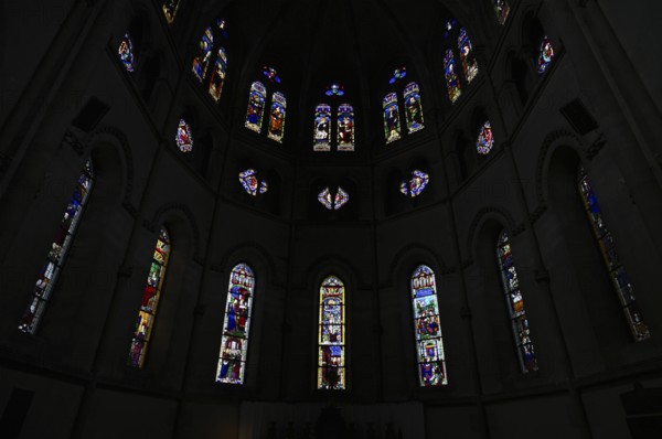 Stained glass window, coloured church window, choir with altar, interior view, Église Notre-Dame