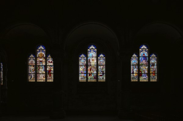 Interior view, stained glass window, coloured stained glass, church Église Saint-Pierre et