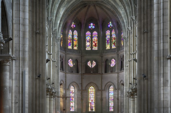 Stained glass window, coloured church window, choir, interior view, Église Notre-Dame Cathedral,