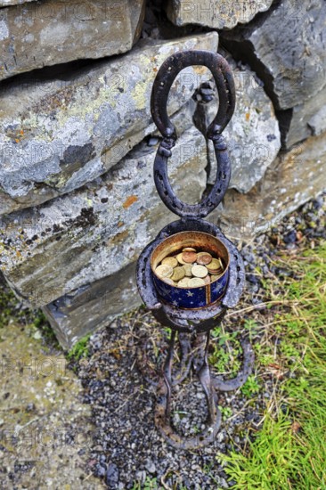 Tin with coins, donations for visiting a church, decorative stand, Vidimyrarkirkja peat church,