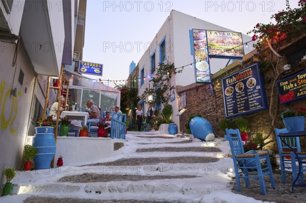 Riga Fereou, Steps of Kos, famous alley, narrow staircase in picturesque alleyway with taverns and