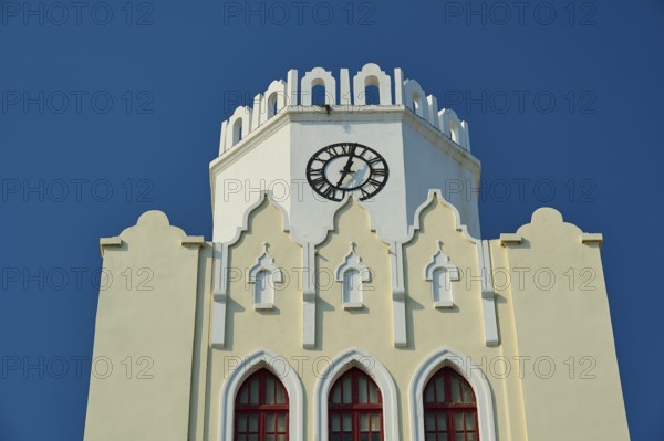 Palace of Justice, colonial building, detailed view of a white clock tower with distinctive
