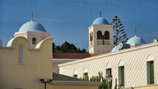 Church, Panagia Agia Paraskevi, Traditional architecture with blue domes and bell tower, Kos Town,