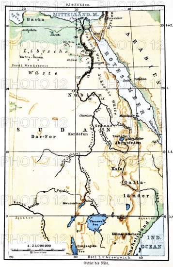 The Nile, historical geographical map, topography, latitude and longitude, scale, distance in
