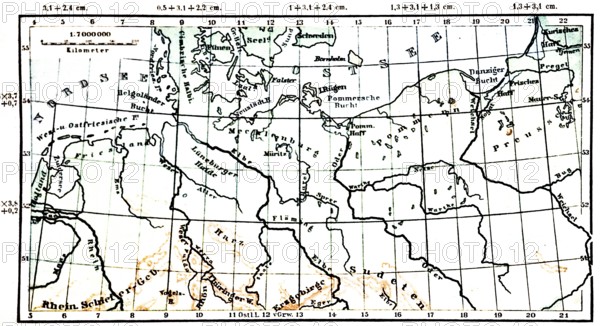 North German Plain, historical geographical map, topography, North Sea, Baltic Sea, Mecklandburg,