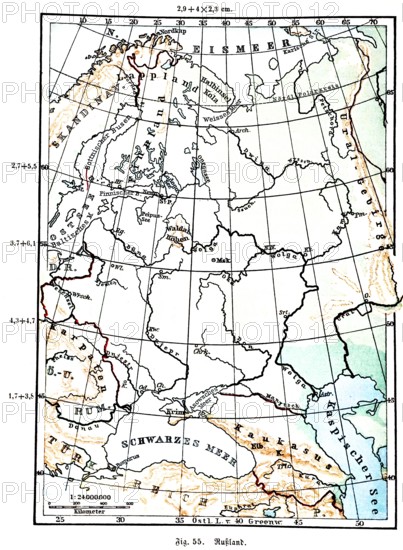 Russia, historical geographical map, topography, Arctic Ocean, Black Sea, Baltic Sea, Caucasus,