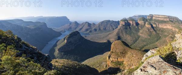 Evening mood at the Blyde River Canyon with Three Rondawels peak, view of the canyon with the Blyde