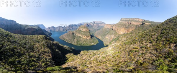 Panorama, Blyde River Canyon with Three Rondawels peak, view of canyon with Blyde River and Table