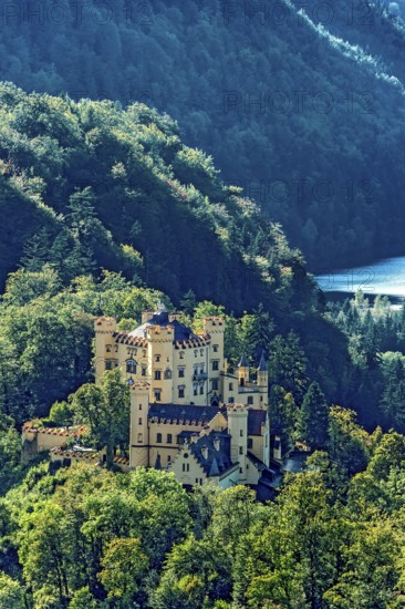 View from Neuschwanstein Castle to Hohenschwangau Castle, behind Schwansee, Schwangau,