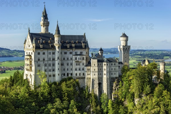 Neuschwanstein Castle by King Ludwig II above the Pöllat Gorge, fairytale castle in the