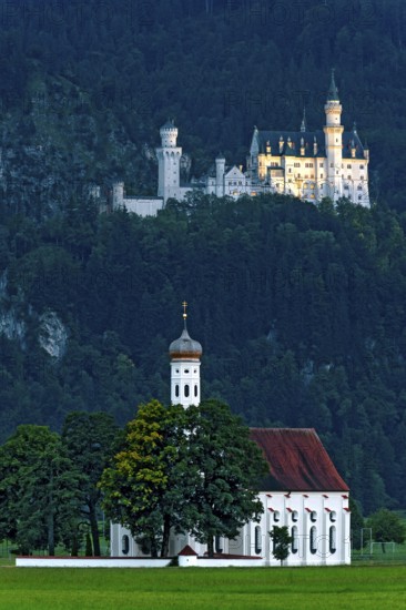 Pilgrimage church of St Coloman, Baroque, Neuschwanstein Castle by King Ludwig II, fairytale castle