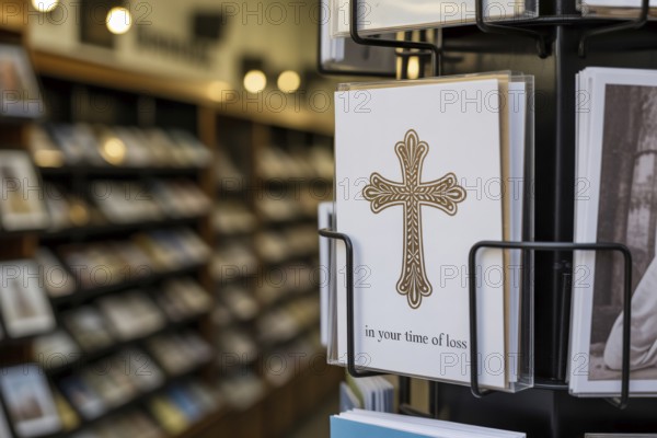 Condolence card with In your time of loss text and religious cross displayed in a card rack at a