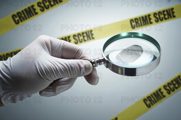 Gloved police officer's hand holding magnifying glass over clear fingerprint. Focus on forensic