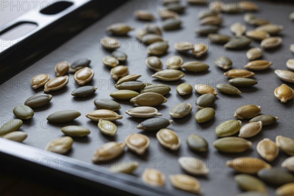 Close up of pumpkin seeds spread on baking tray. Ready for roasting as a healthy snack or cooking