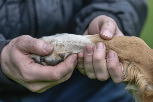 Close-up of person gently holding dog's paw. Symbol of trust, love, and the emotional bond between