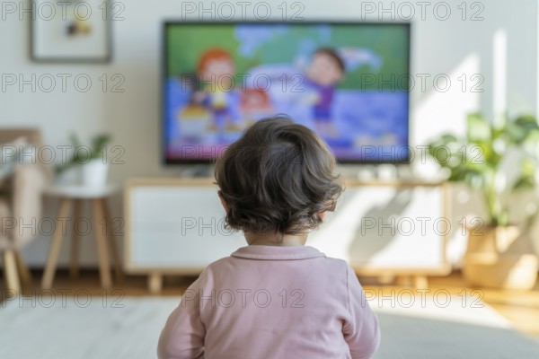 Back view of young child sitting in front of blurry TV screen showing cartoon. Captures screen time