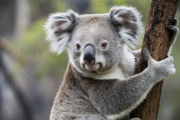 Close up of koala bear clinging to tree in natural habitat. Wildlife in peaceful forest environment