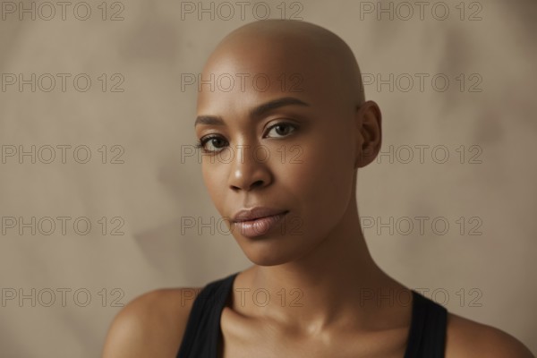 Confident young black bald woman with stylish makeup posing in studio. Beauty, self-acceptance, and
