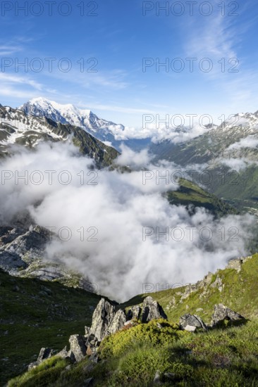 High alpine mountain landscape, mountain panorama with view over the valley of Chamonix, in the