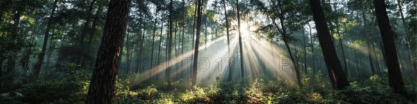 Beautiful rays of sunlight in a green forest shining through trees and tree branches. Concept of