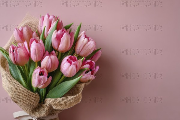 Beautiful composition spring flowers. Bouquet of pink tulips flowers on pastel pink background.