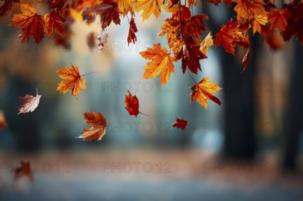 Beautiful autumn landscape with colorful foliage in the park, falling leaves natural background, AI