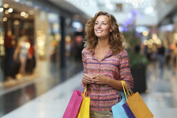 Beautiful young happy attractive woman with bags of different colours in shopping center mall
