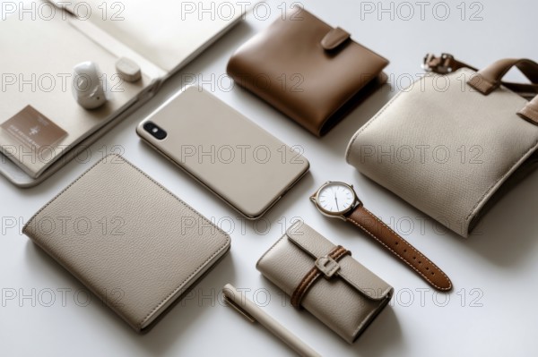 Beige and Brown Leather Accessories Flatlay. Modern business and lifestyle fashion accessories.