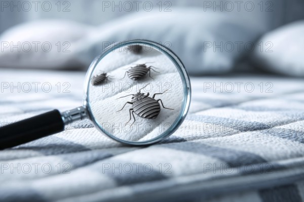 Bed bugs and dust mites concept with the magnifying glass. Allergy and old linen that contains