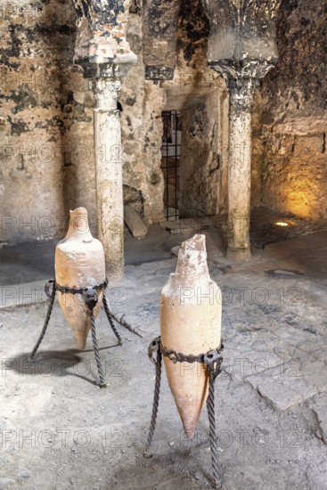 Old amphoras at Banys Arabs Baths a historic site with Islamic architecture, Palma de Mallorca,