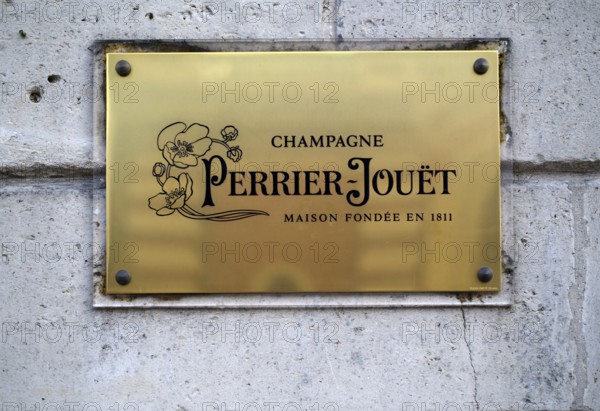 Sign, Company sign, Head office, Headquarters, Champagne brand Champagne Perrier-Jouët, Logo,