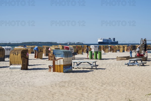 Beach chairs on sandy beach, ferry boat, Laboe, Baltic seaside resort, fjord, Baltic Sea, North