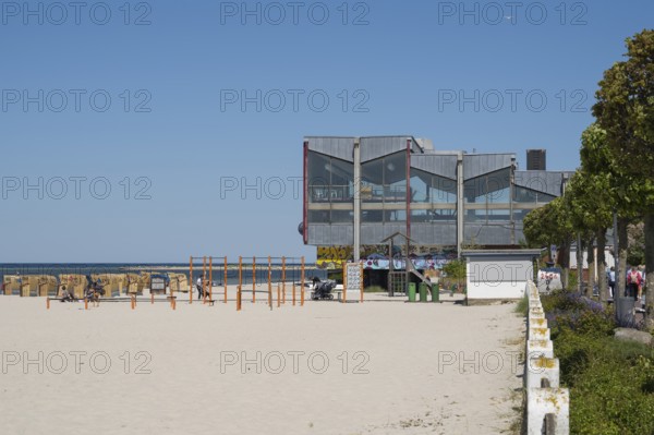 Swimming pool and beach chairs on the sandy beach, Laboe, Baltic resort, Fjord, Baltic Sea, North